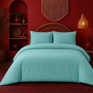 Solid Mint Blue Duvet Set | 100% Cotton Bedding | Minimal Boho Style | Plain Modern Comforter Cover | Pillow Covers Included