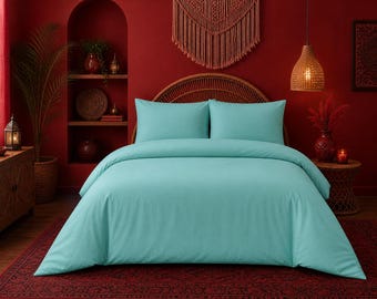 Solid Mint Blue Duvet Set | 100% Cotton Bedding | Minimal Boho Style | Plain Modern Comforter Cover | Pillow Covers Included