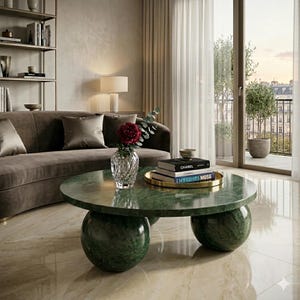 May include: A stylish living room featuring a green marble coffee table with a round top and two spherical bases. A brown sofa, a crystal vase with a red flower, and books on a gold tray are also visible.
