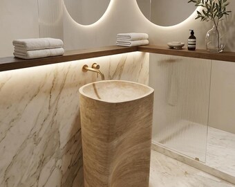 Lavabo de pedestal independiente de travertino con forma escultural curva / Piedra natural tallada a mano / Baño de lujo / Moderno orgánico