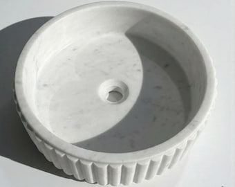 Handcarved white ziarat Marble Vessel Sink – Fluted Natural Stone Basin, Luxury Bathroom Vanity