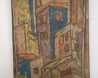 Mid Century Modern, vintage abstract cityscape painting soft colors on masonite