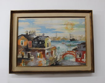 Mid Century Modern, beautiful vintage colorful painting by A Flora on board