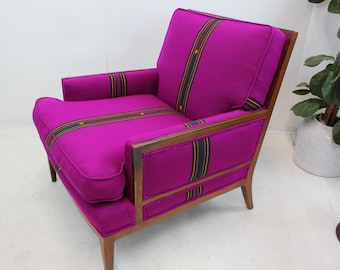 Mid Century Modern Accent Chair | Vibrant Magenta Pink Upholstered Wood Armchair | Retro Lounge Chair | Vintage MCM Living Room Seating