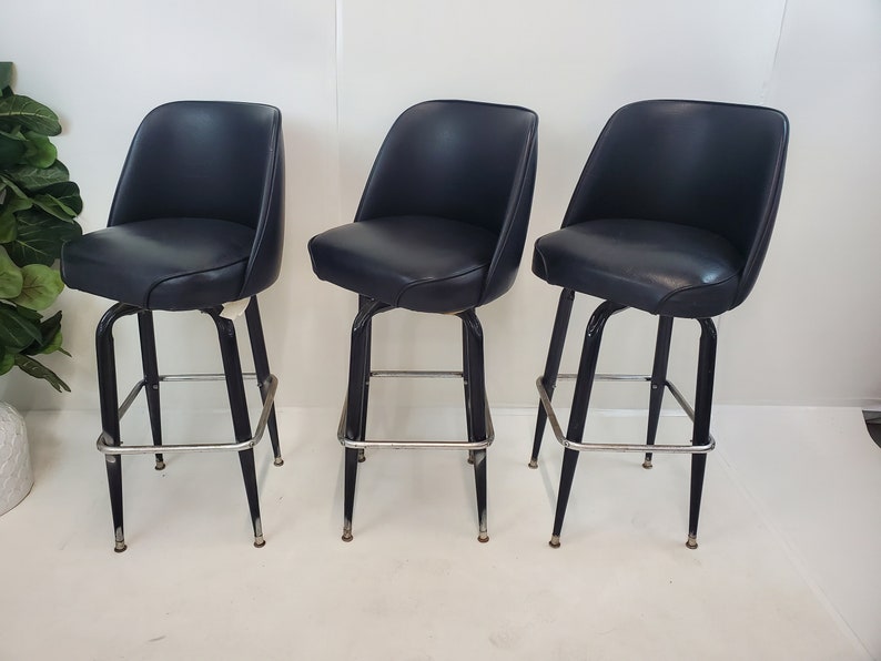 Mid Century Modern black vinyl bar stools 1960's image 4