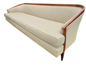Mid Century Modern Creamy Green Upholstered Sofa | Wood Trim Living Room Couch