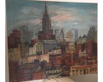 Mid Century Modern, vintage abstract cityscape painting oil  on canvas