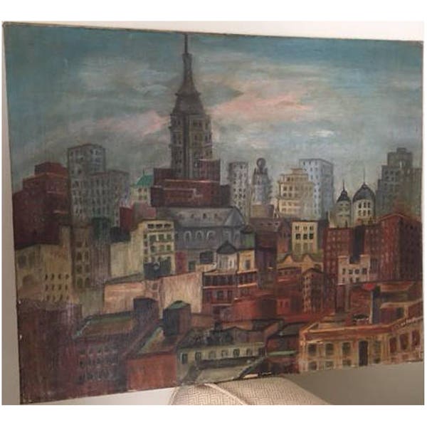 Mid Century Modern, vintage abstract cityscape painting oil  on canvas