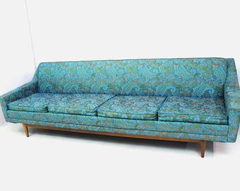 Mid Century Modern Paisley floral Turquoise Sofa  |