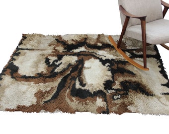 Mid Century Modern vintage, brown, cream and black shag rug