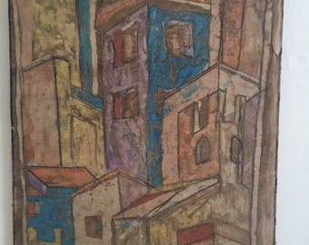 Mid Century Modern, vintage abstract cityscape painting soft colors on masonite