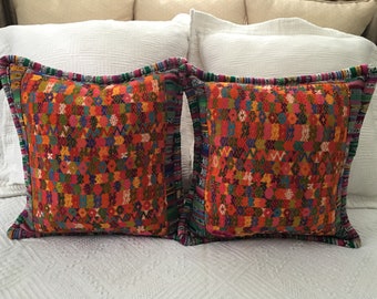 Guatemalan textile pair of cushion cases in an orange abstract pattern