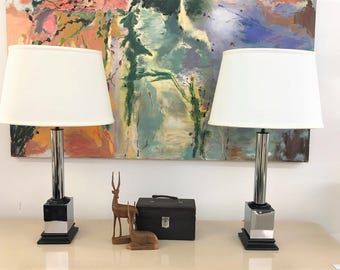 Mid Century Modern vintage Chrome and black pedestal table lamps with shades