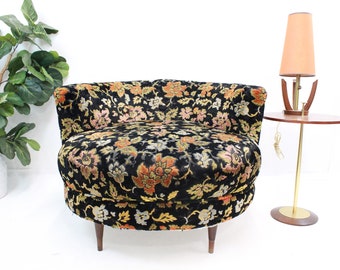 Mid Century Modern round upholstered chair in floral upholstery bohemian