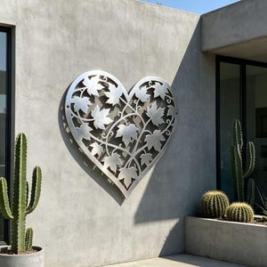 Op de afbeelding: Een groot, hartvormig metalen wandkunstwerk met een uitgesneden bladerenontwerp. Het kunstwerk is bevestigd aan een lichtgrijze betonnen muur en werpt een schaduw. Cactussen in potten en plantenbakken zijn zichtbaar op de voorgrond, wat wijst op een buitenomgeving.