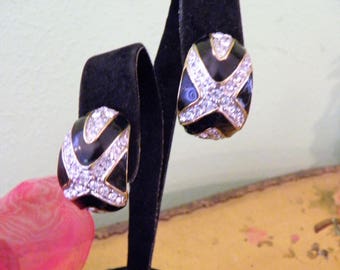 Vintage Unsigned Ciner High End Clip Enamel and Rhinestone Runway Earrings.