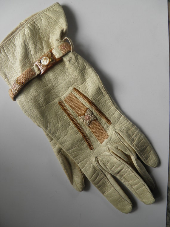 French Victorian Leather Gloves, Celluloid, Bakel… - image 3