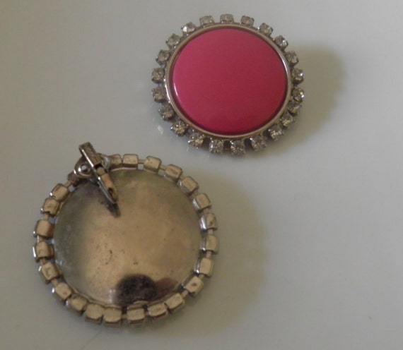 Earrings, Large Hot Pink Clip Rhinestone Disc Chic - image 2