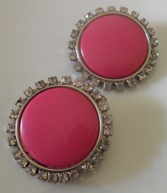 Earrings, Large Hot Pink Clip Rhinestone Disc Chic - image 1