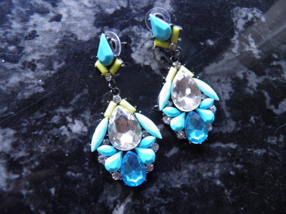Earrings, Aqua Blue Rhineston Dangle Pierced Earr… - image 3