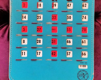 Vintage BINGO Card, Aqua and Red Cardboard