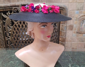 Antique Flowered Straw Hat With Tiny Red Flowers