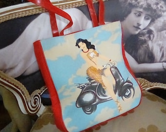 Large FUN Purse with a Pin Up Picture of a Gal on a Vintage Motor Bike,