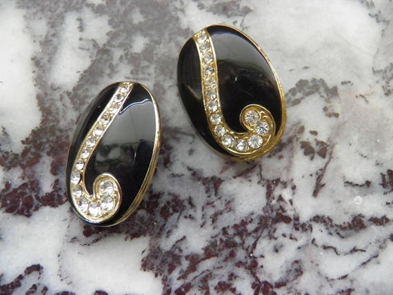 Large Black Enamel and Rhinestone Clip Earrings. … - image 4