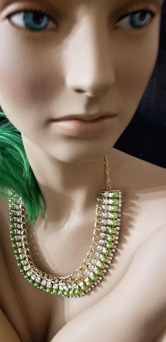 Necklace, Elegant Green And Clear Rhinestone Neckl