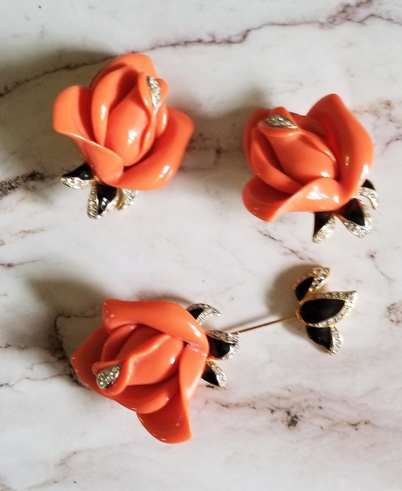 Signed KJL Pin and Matching Clip Earrings.  Orange