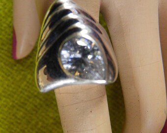 Sterling Silver Ring,Stunning Huge Simulated Diamond Pear Cut Set In Bold Silver.  Boho, SALE