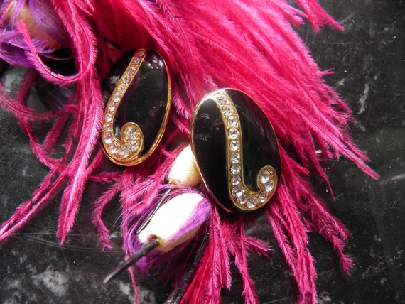 Large Black Enamel and Rhinestone Clip Earrings. … - image 3