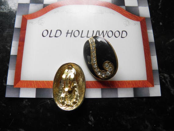 Large Black Enamel and Rhinestone Clip Earrings. … - image 2