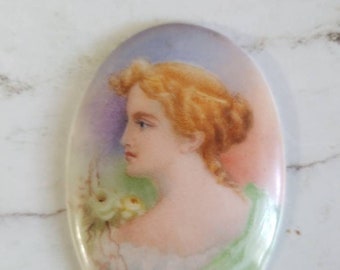 Brooch, Huge French Hand Painted Porcelain Victorian Brooch, Beautiful Portrait Lady