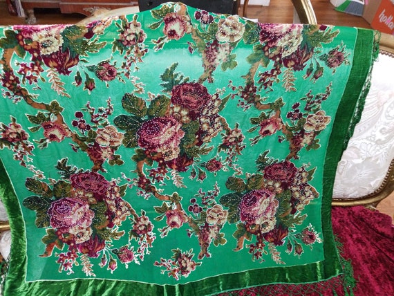 Emerald Green and Rose Pinks French Piano Shawl, T