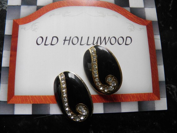 Large Black Enamel and Rhinestone Clip Earrings. … - image 1