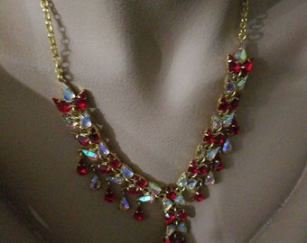 Necklace, Rhinestone Encrusted Red Fiery Statement Piece.  French Flair.