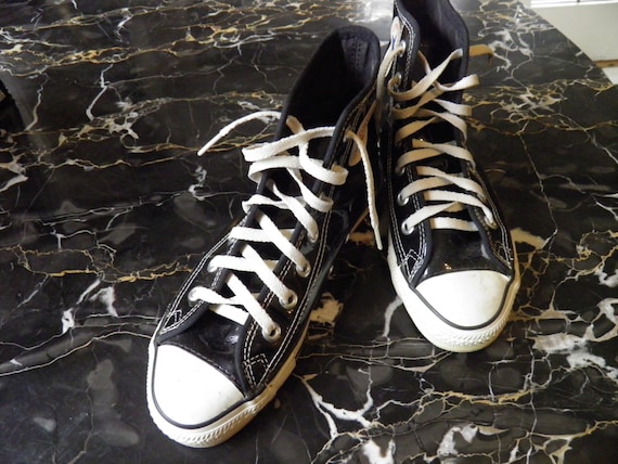 converse black patent leather hightop tennis shoes