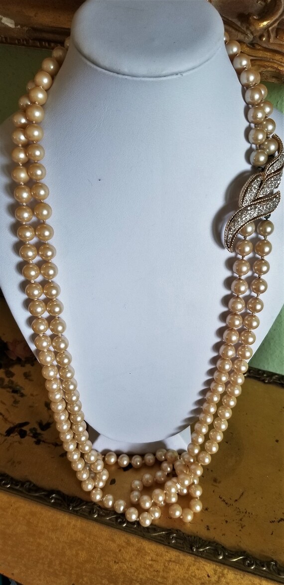 Double Strand of Faux Ivory Pearls with Enhancer Clasp Gem