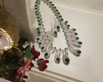 Necklace, Earrings, Simulated Diamond and Emerald Exquisite in Sterling Silver. SALE, gift