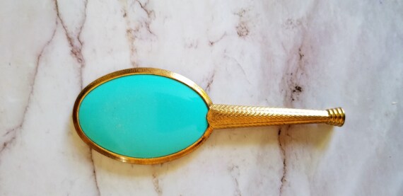 Miniature Hand Mirror, Aqua Backed In Brass, Mirr
