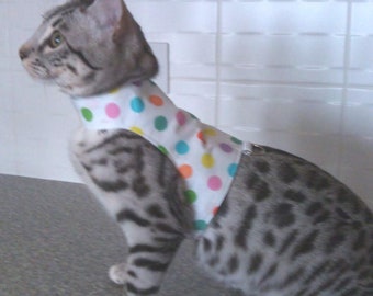 Custom Made To Order Cat Harness / Walking Jacket by Land O' Burns Bengals SUMMER WHITE with BRIGHT Dots - Limited Stock