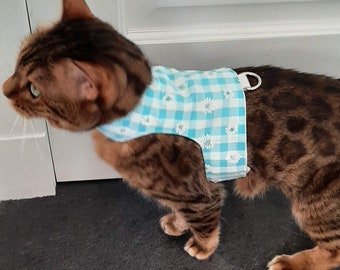 Summer Collection -  Made To Order - Limited Sizes- Cat Walking Jacket / Harness by Land O' Burns Bengals  AQUA DAISY GINGHAM