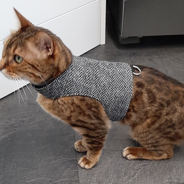 HARRIS TWEED Limited Edition- Ready Made - Cat Harness / Walking Jacket by Land O' Burns Bengals in Black & Grey Herringbone LIMITED Stock