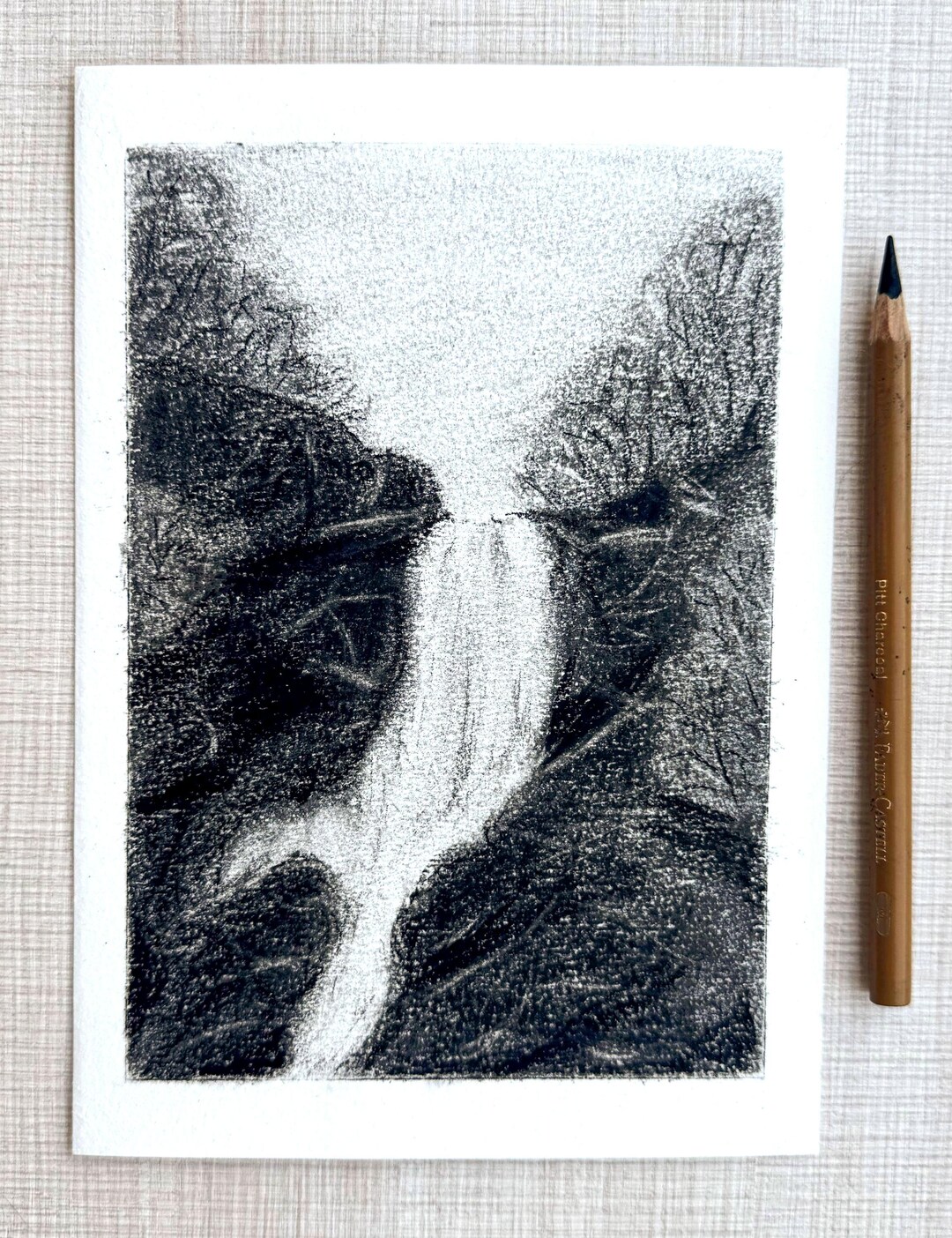 Original Charcoal Waterfall Drawing | A5 Forest Landscape Sketch ...