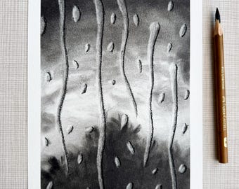 Original Charcoal Drawing Rain Window, Abstract Moody Wall Art, Minimalist Raindrops Sketch, Rainy Day