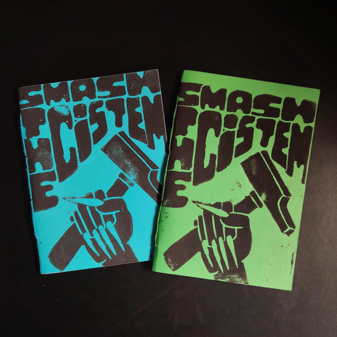Smash Notebook SMASH THE CISTEM - Hand-bound Notebook, Linocut on Colored Paper - Etsy