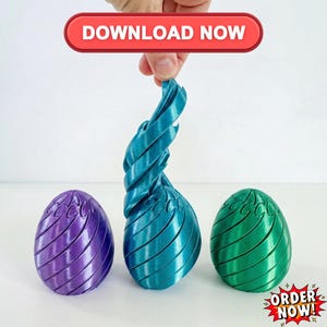 May include: A hand holds a teal, twisted sculpture above three decorative eggs. The eggs are purple, teal, and green, each with a spiral design. The image includes the text "DOWNLOAD NOW" and "ORDER NOW!"