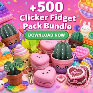 以下が含まれることがあります： さまざまなクリッカーフィジェットおもちゃのコレクションを紹介する鮮やかな画像。サボテン、ハート、アイスクリームコーンなど、さまざまな形と色が表示されています。テキストオーバーレイには「+500 Clicker Fidget Pack Bundle」と「Download Now」ボタンが表示されています。
