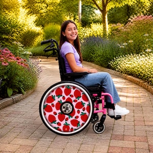 May include: A manual wheelchair featuring a bright pink frame and large wheel covers decorated with a repeating pattern of red strawberries on a light pink background. The wheelchair has black handrims and a central metallic hub on the wheels.